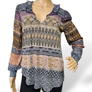 XL Boho Lucky Brand Cotton Blend Gathered Cropped Blouse Striped Pattern